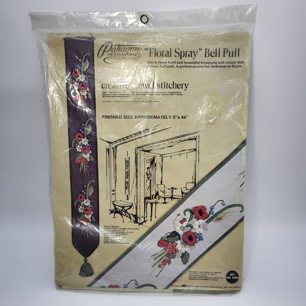 Paragon Floral Spray Bell Pull Kit Crewel Stitchery Vintage Kit No. 0463